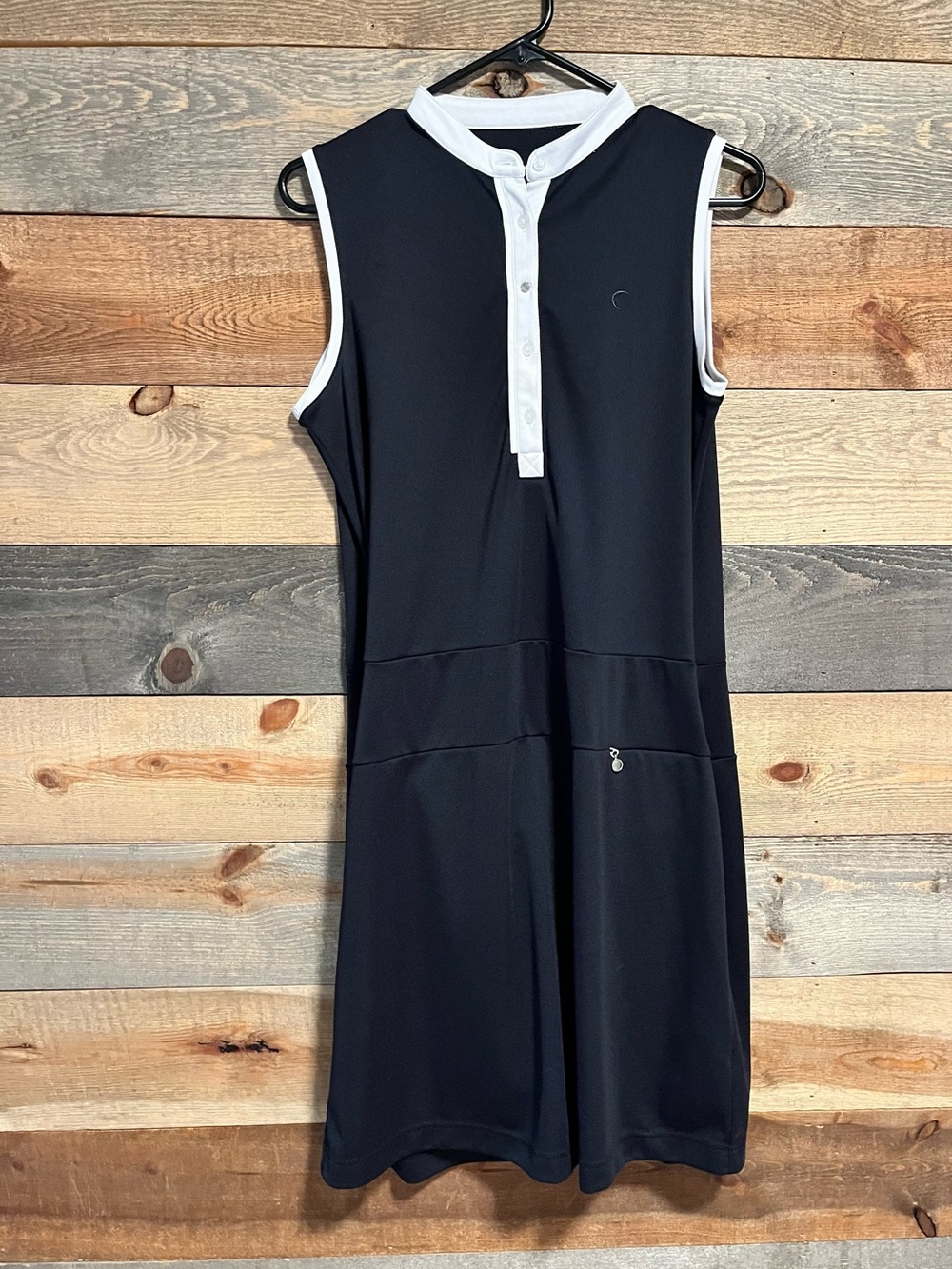 ZYIA Navy Sleeveless Polo-Style Midi Dress with White Trim and Built In Shorts.